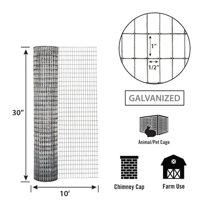 30in x 10ft Galvanzed Welded Wire Fence with 1/2in x 1in Openings