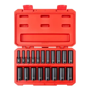 3/8 Inch Drive Deep 6-Point Impact Socket Set. 19-Piece (6-24 mm) - Case